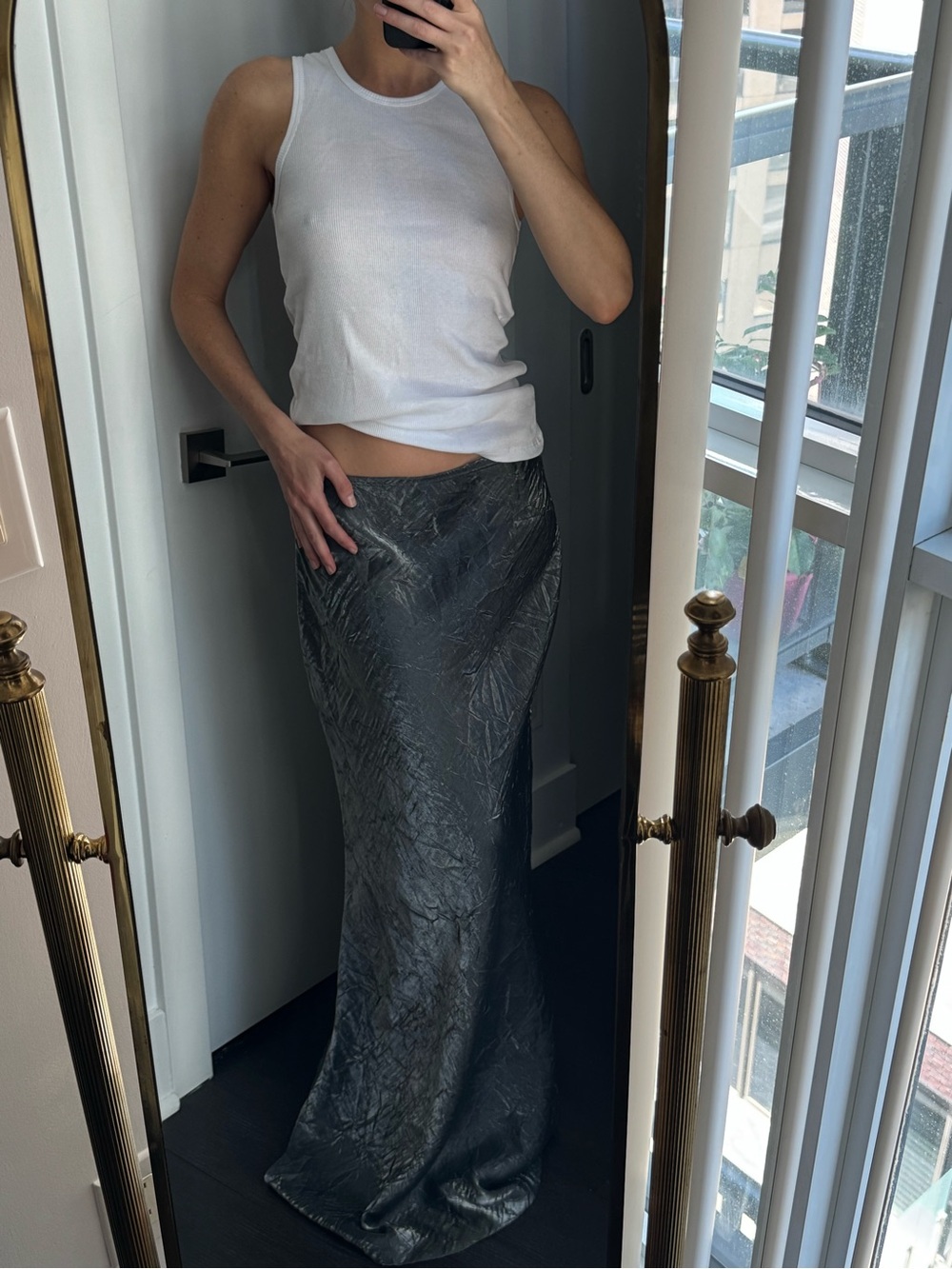 Vintage 90’s | 00’s Le Chateau Crinkled Charcoal grey shiny Maxi Skirt